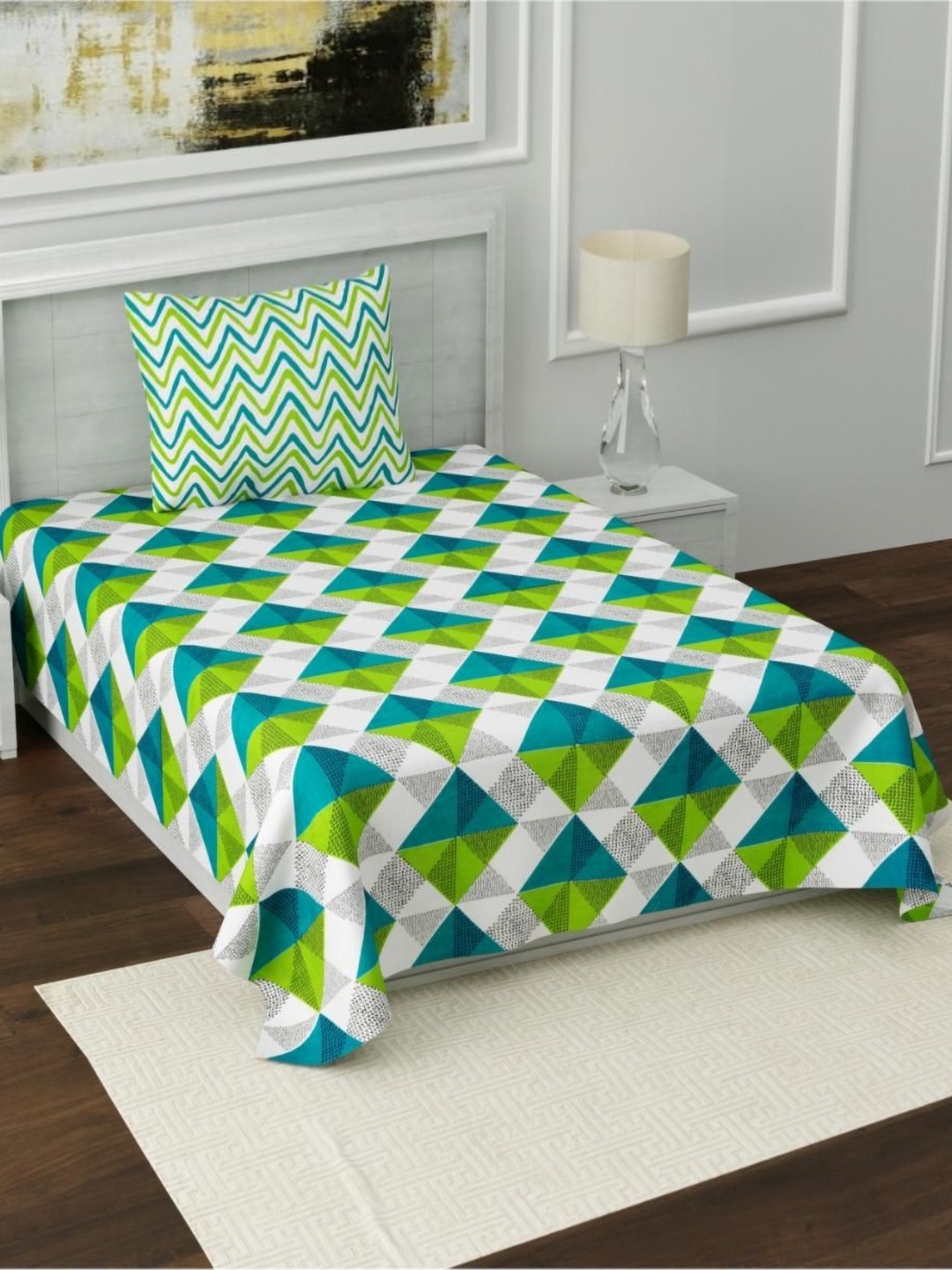 

Aura Grey & Green Geometric 120 TC Single Bedsheet with 2 Pillow Covers