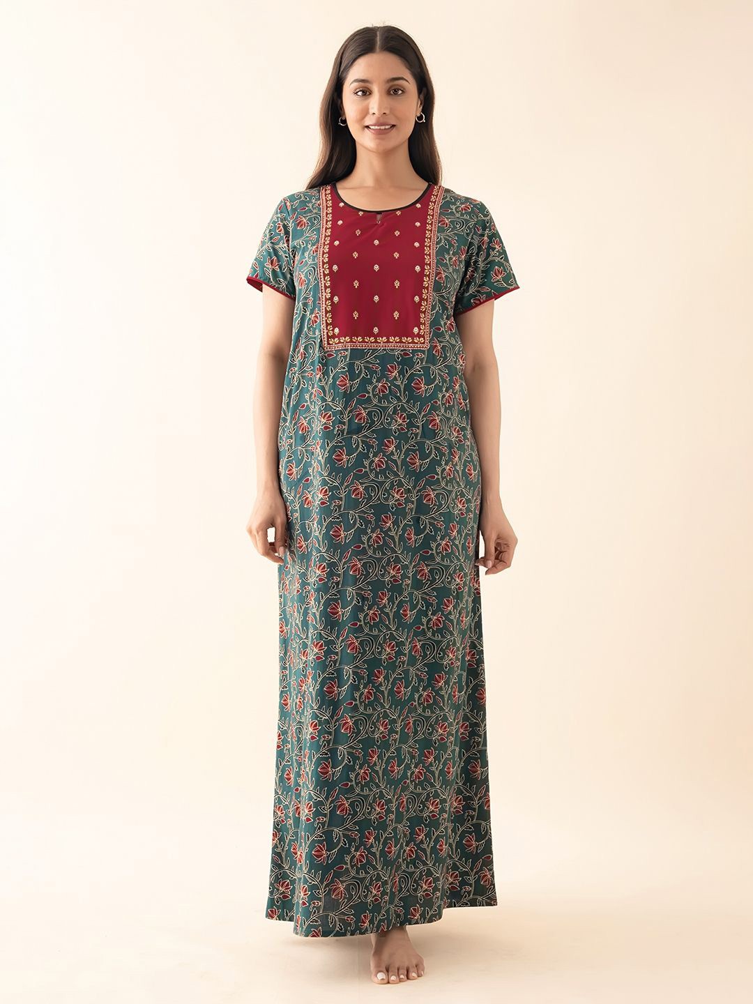 

Maybell Women Printed Pure Cotton Maxi Nightdress, Green