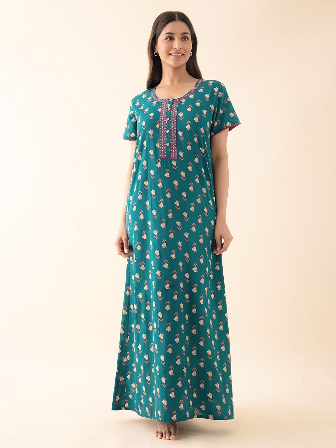 

Maybell Everyday Women Floral Printed Pure Cotton Maxi Nightdress, Green