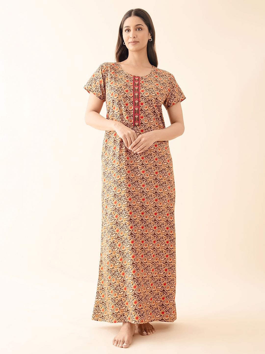 

Maybell Women Printed Maxi Pure Cotton Nightdress, Brown