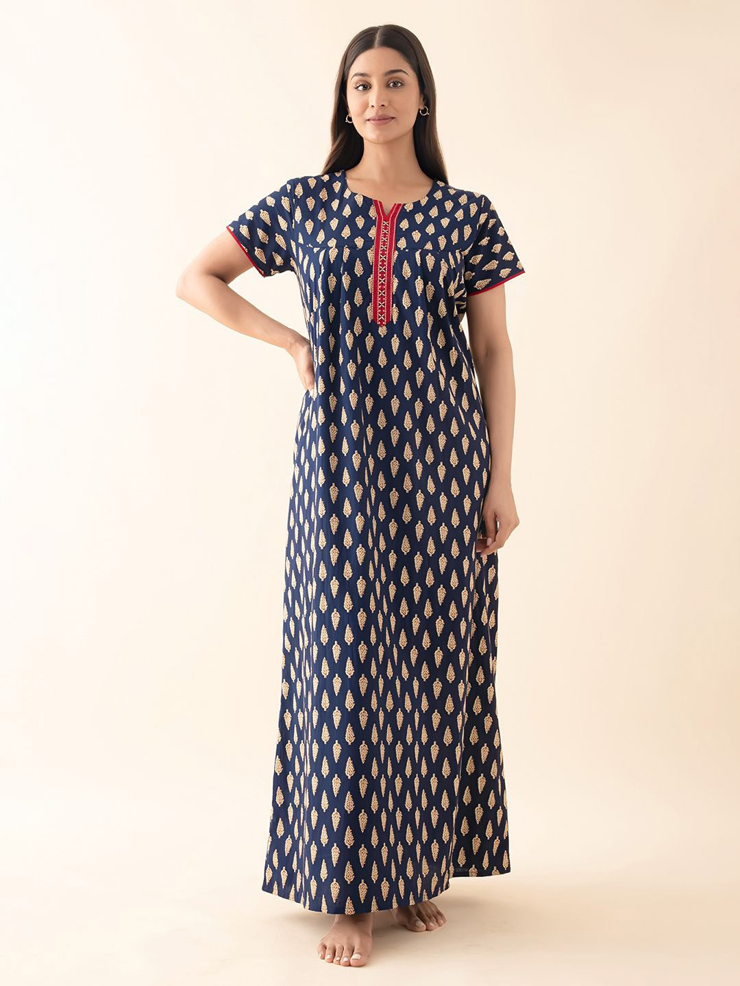 

Maybell Women Pure Cotton Printed Maxi Nightdress, Navy blue