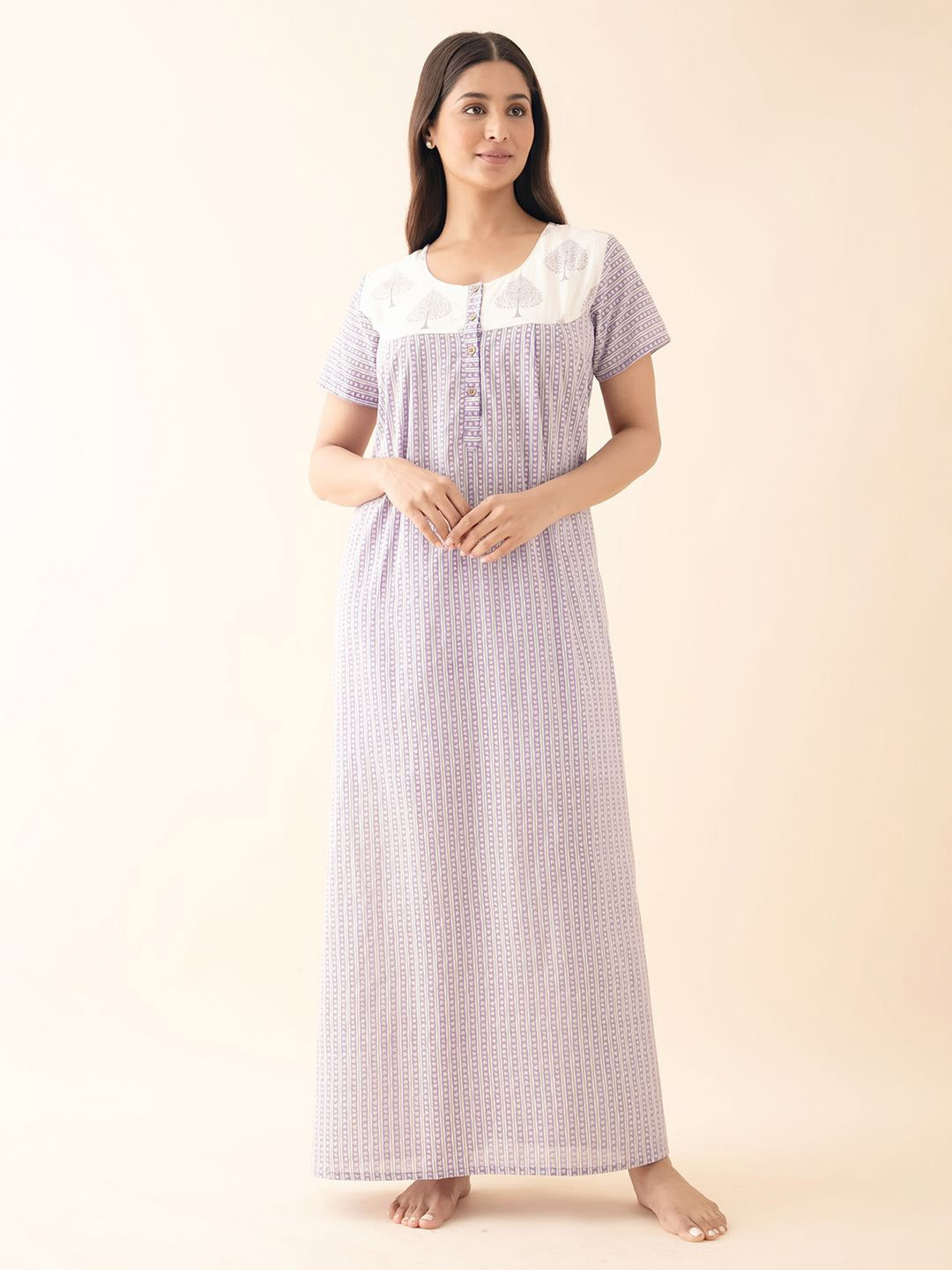 

Maybell Everyday Women Geometric Printed Pure Cotton Maxi Nightdress, Purple