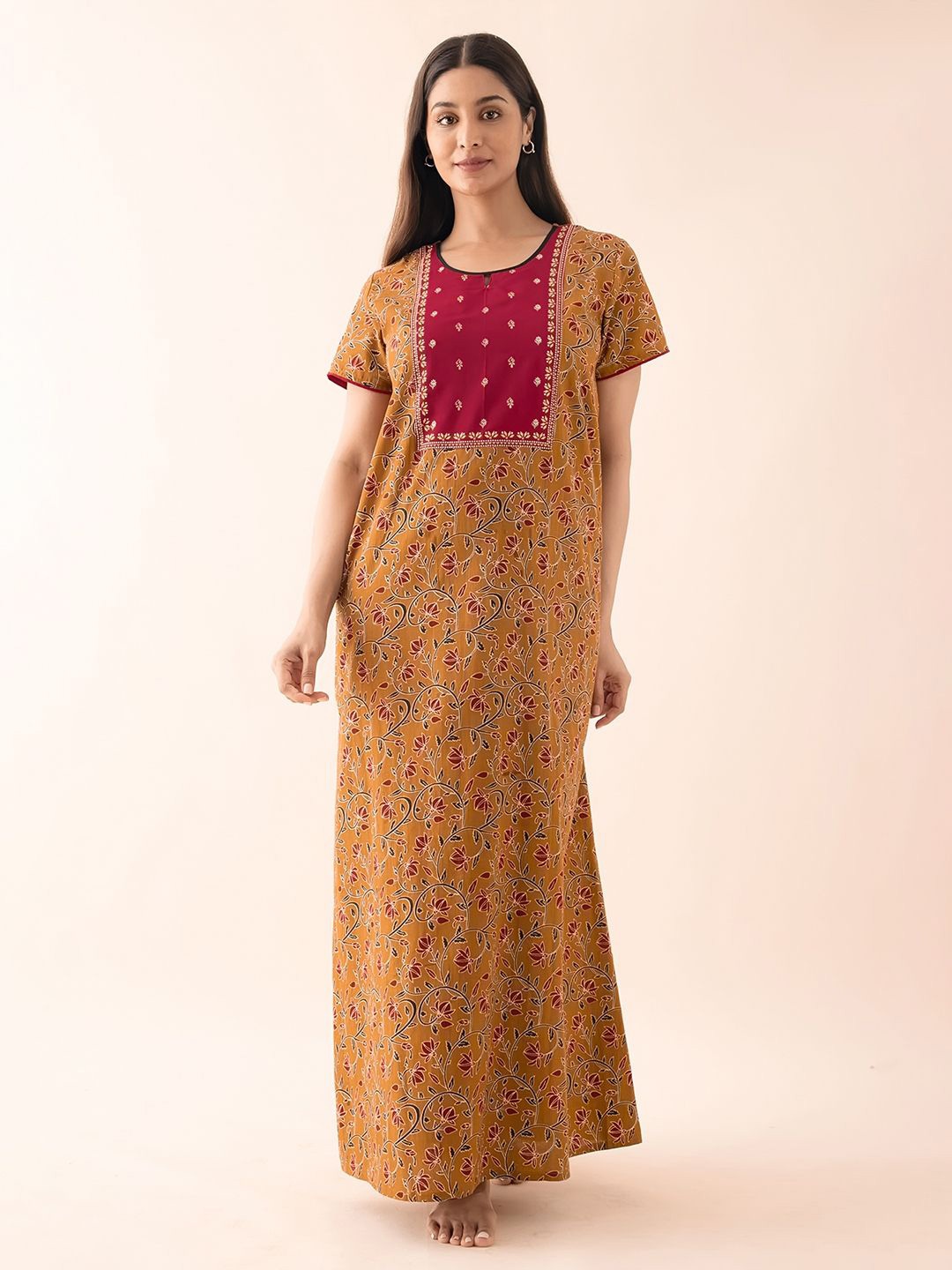 

Maybell Women Floral Printed Pure Cotton Maxi Nightdress, Mustard