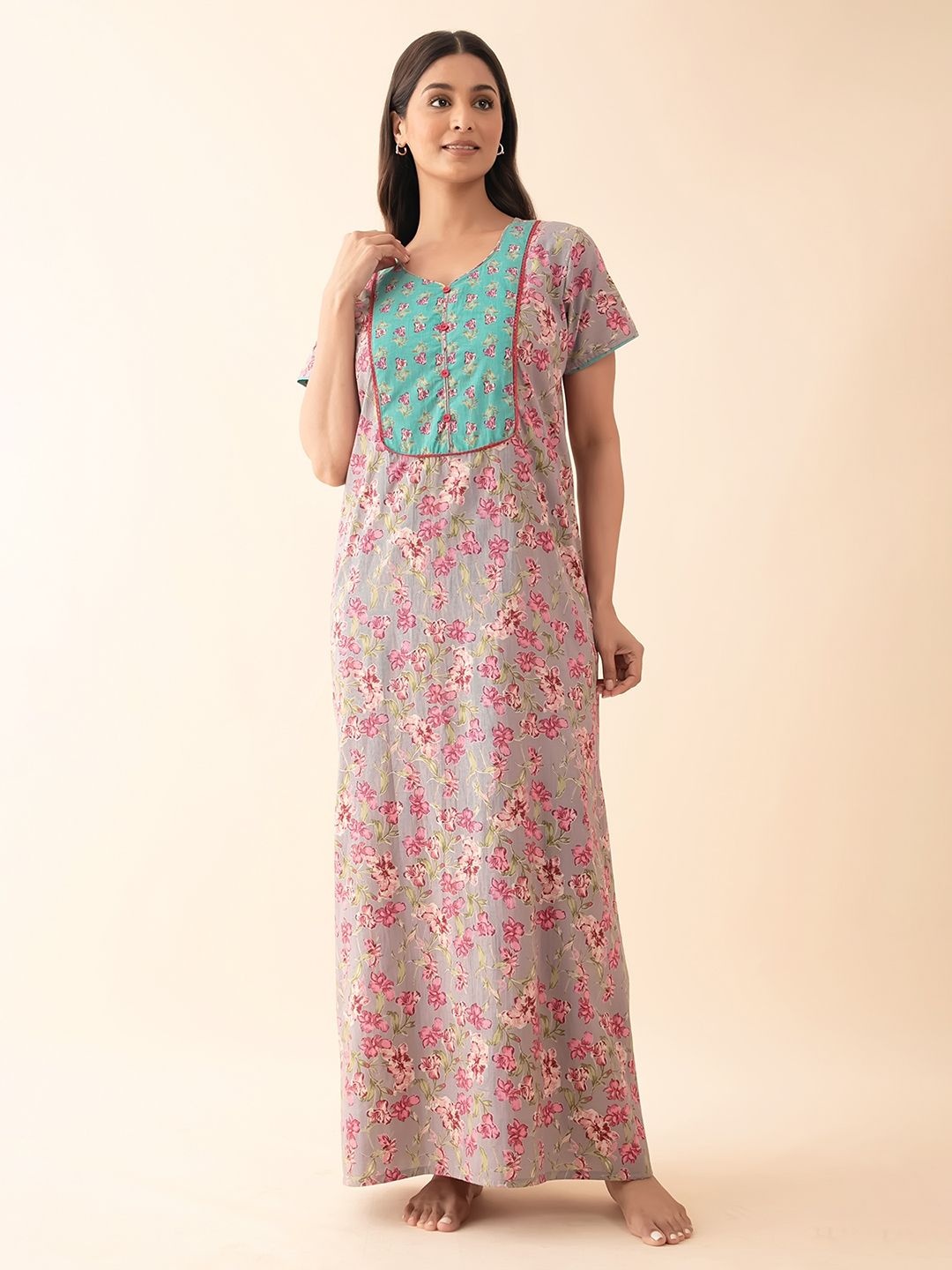 

Maybell Women Printed Maxi Pure Cotton Nightdress, Grey