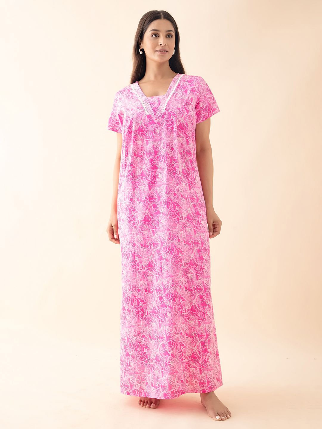 

Maybell Women Printed Pure Cotton Maxi Nightdress, Pink