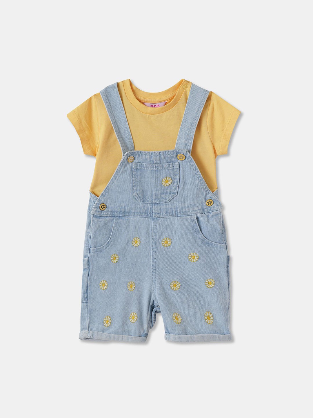 

R&B Infants Girls Printed Cotton Dungaree With T-Shirt, Blue