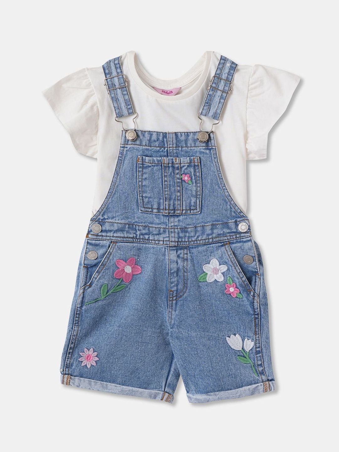 

R&B Infant Girls Printed Cotton Dungaree With T-Shirt, Blue