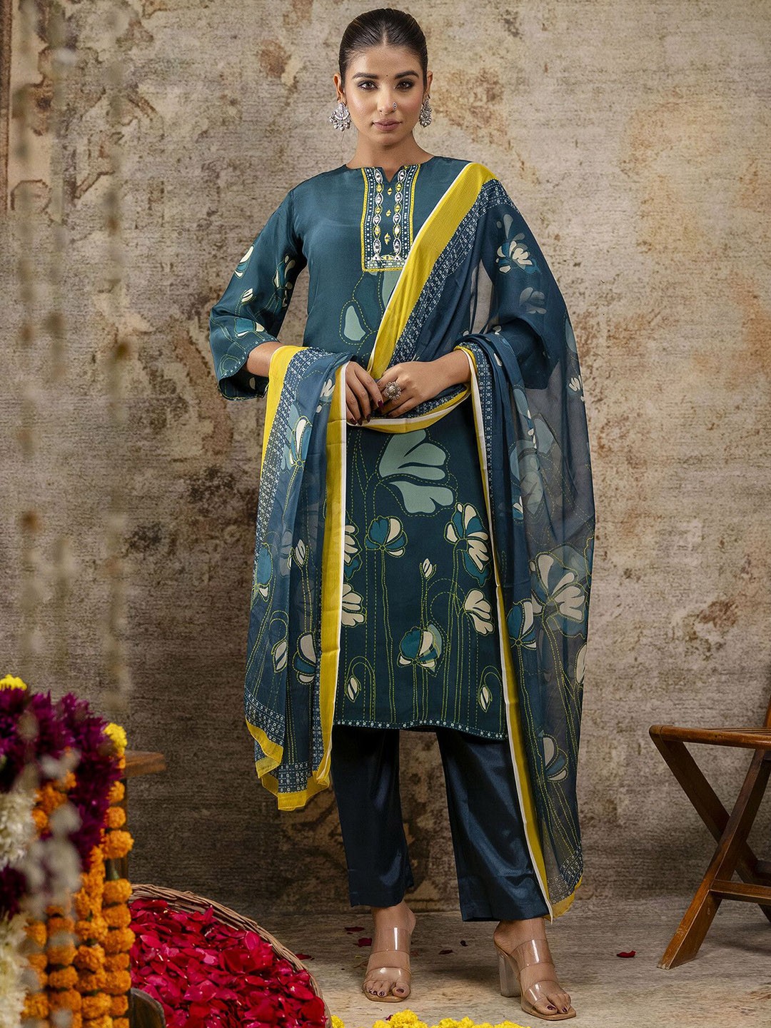 

mokshi Women Ethnic Motifs Printed Regular Mirror Work Pure Silk Kurta with Trousers & With Dupatta, Blue