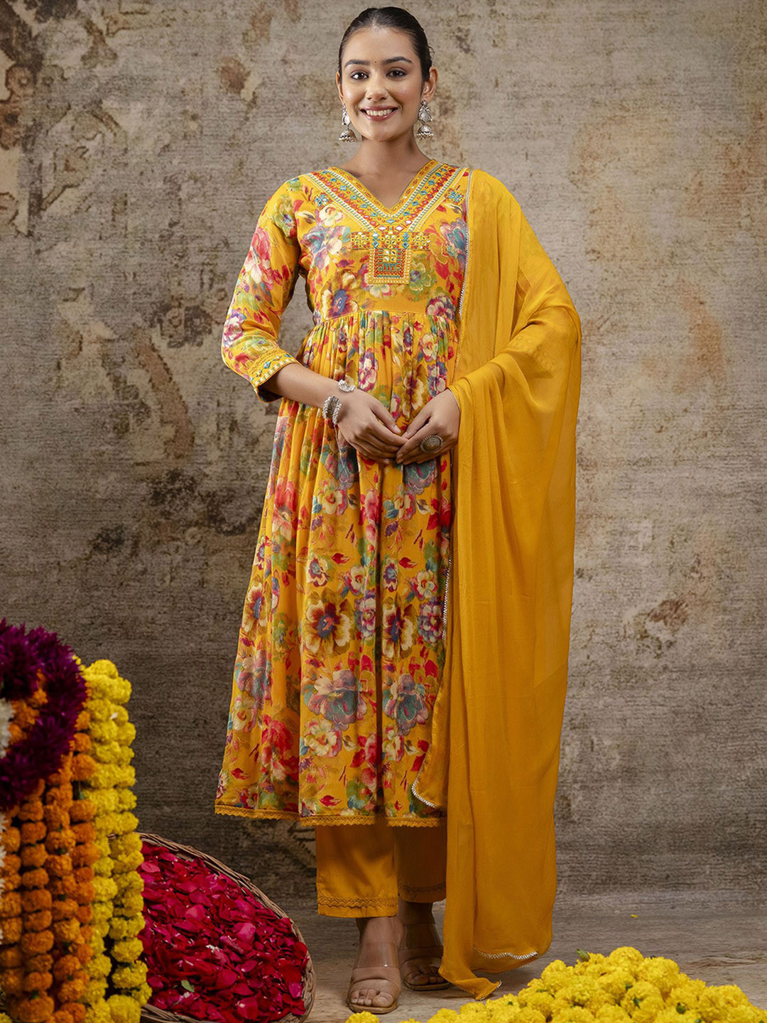 

mokshi Women Ethnic Motifs Printed Regular Mirror Work Kurta with Trousers & With Dupatta, Yellow