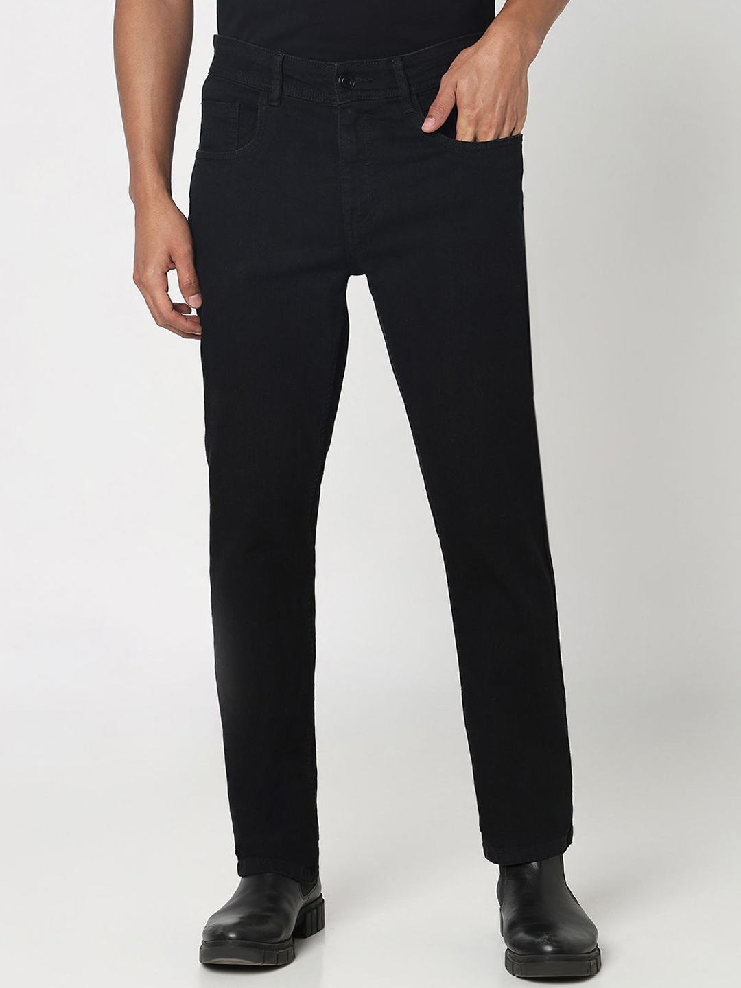 

R&B Men Straight Fit Mid-Rise Cotton Jeans, Black