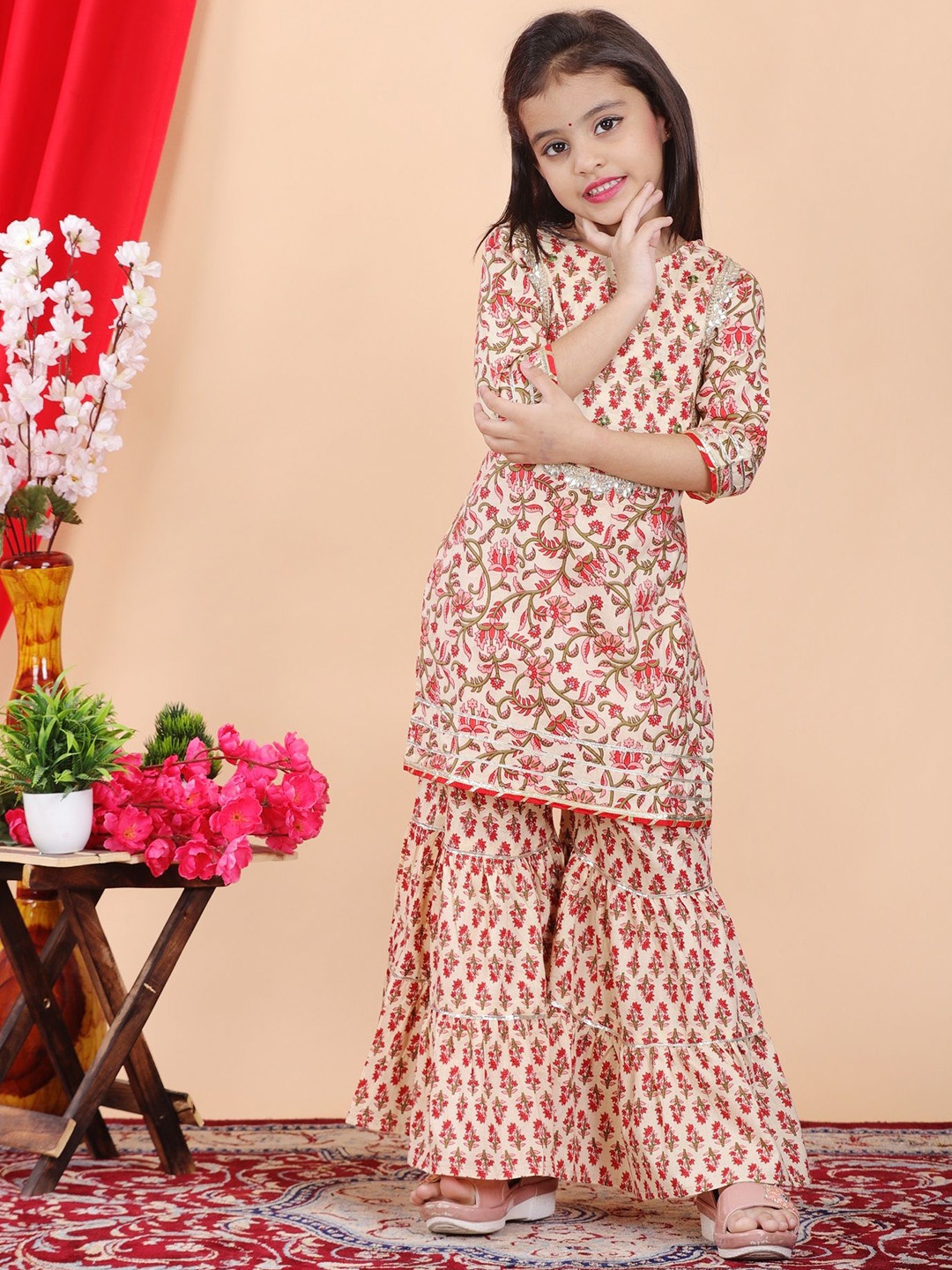 

JAANYA Girls Floral Printed Regular Pure Cotton Kurti with Sharara, Beige