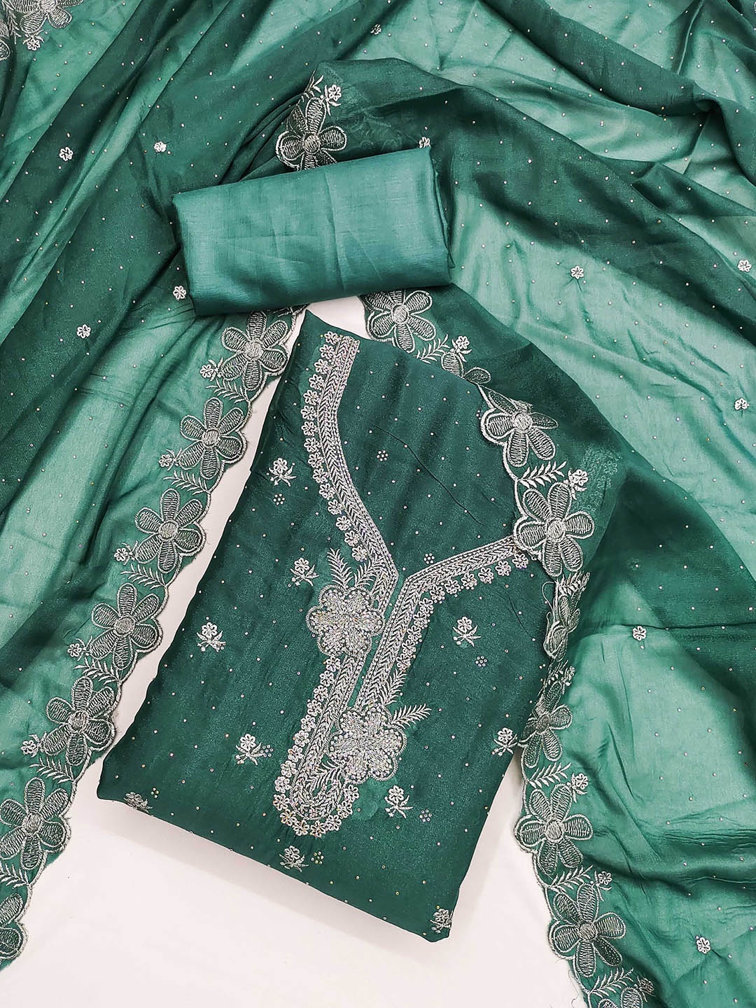

KALINI Embroidered Unstitched Dress Material, Teal
