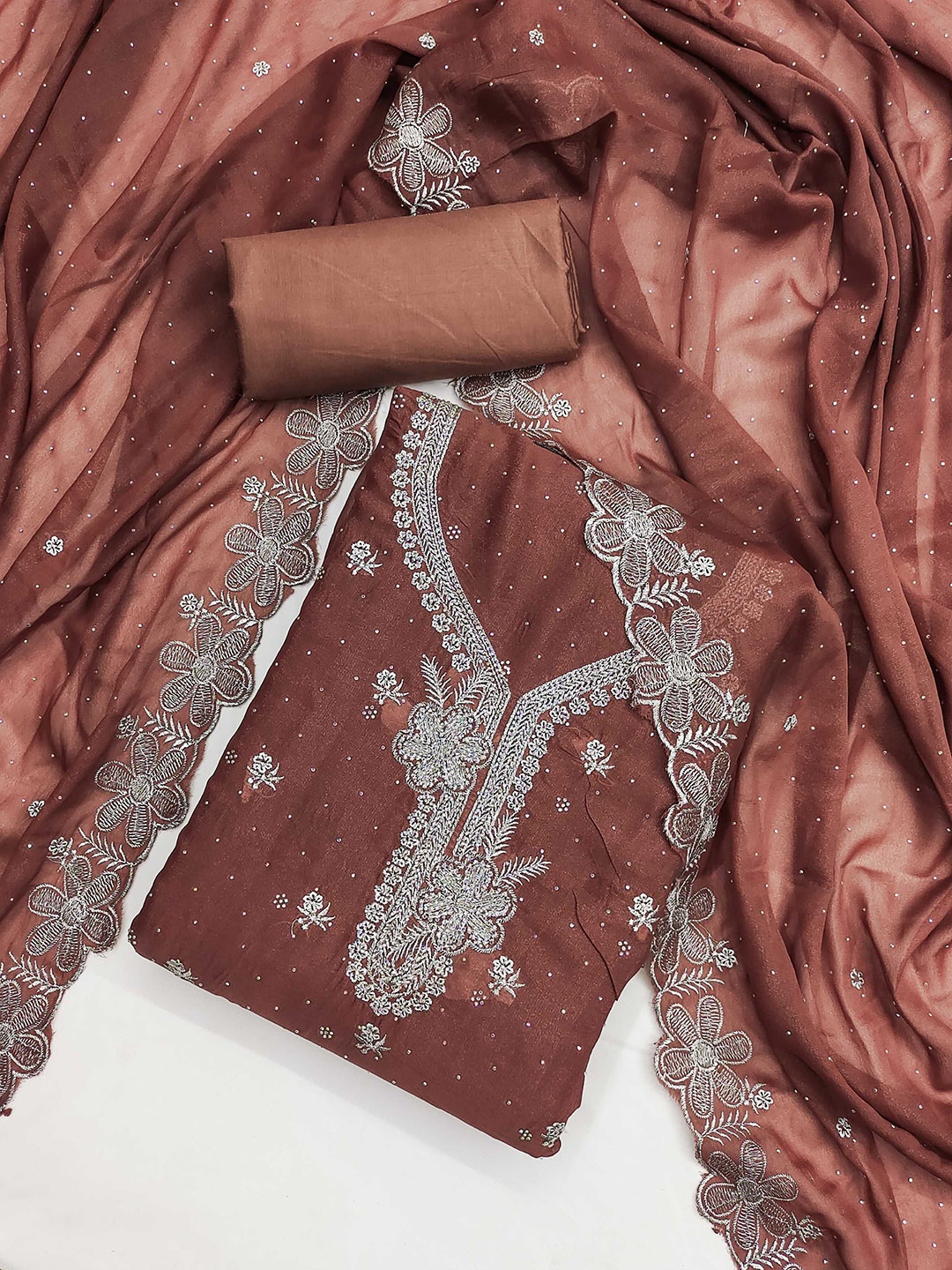 KALINI Embroidered Unstitched Dress Material, Brown