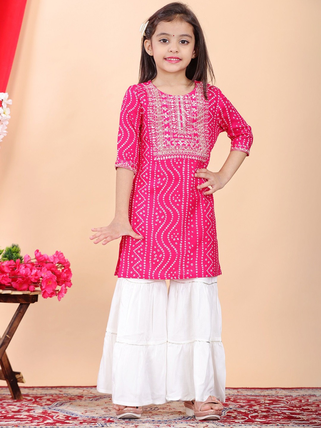 

JAANYA Girls Bandhani Printed Regular Sequinned Kurti with Patiala, Pink