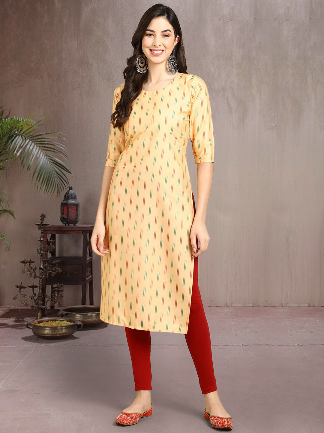 

7Threads Women Ethnic Motifs Printed Floral Crepe Kurta, Yellow