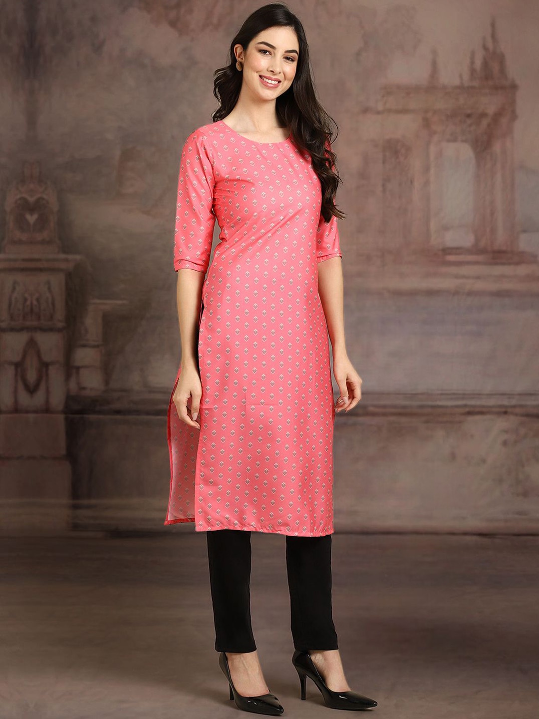 

7Threads Women Ethnic Motifs Printed Floral Crepe Kurta, Pink