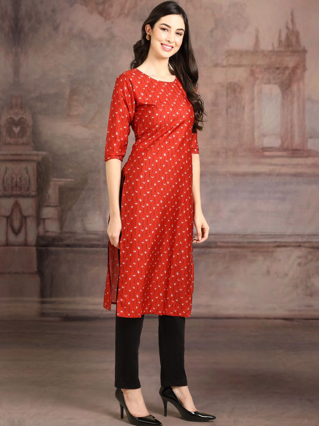 

7Threads Women Ethnic Motifs Printed Floral Crepe Kurta, Red