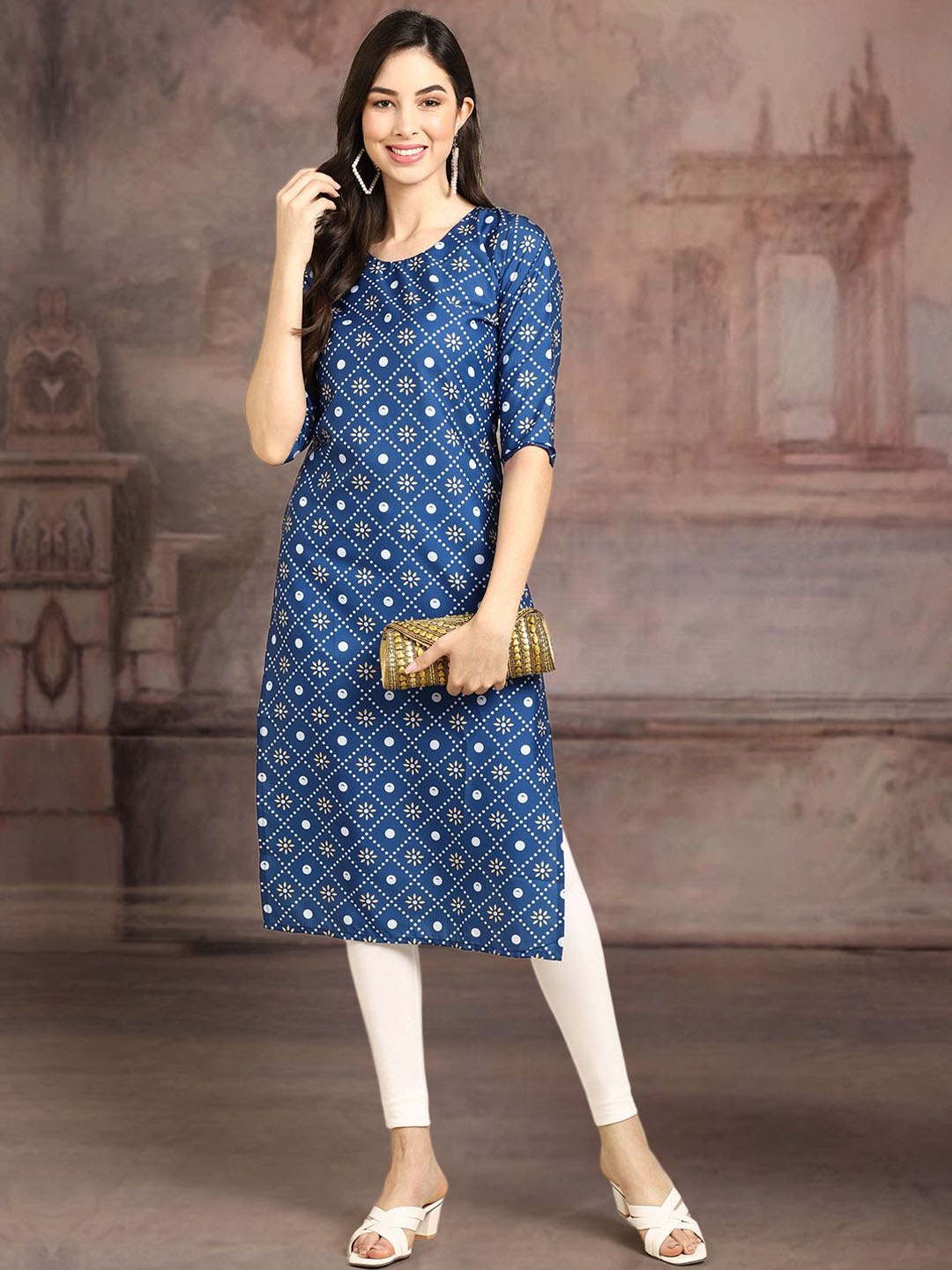 

7Threads Women Ethnic Motifs Printed Floral Crepe Kurta, Blue