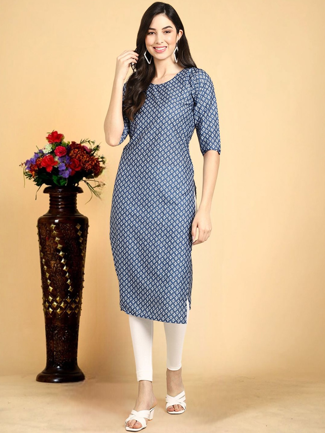 

7Threads Women Ethnic Motifs Printed Floral Crepe Kurta, Blue