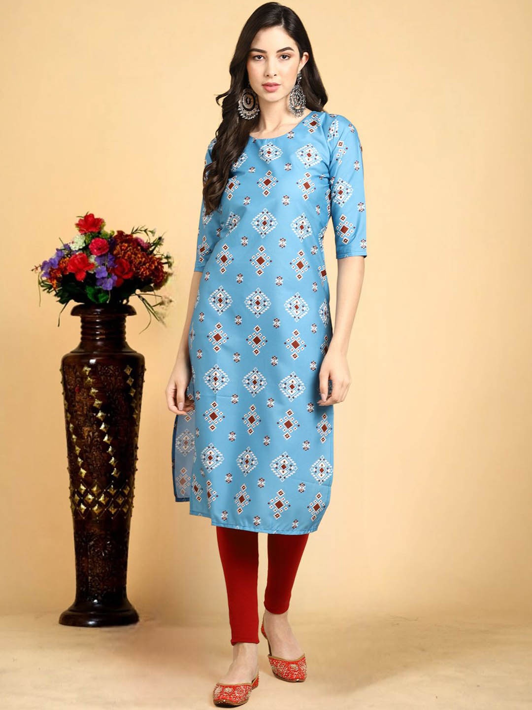 

7Threads Women Ethnic Motifs Printed Floral Crepe Kurta, Blue