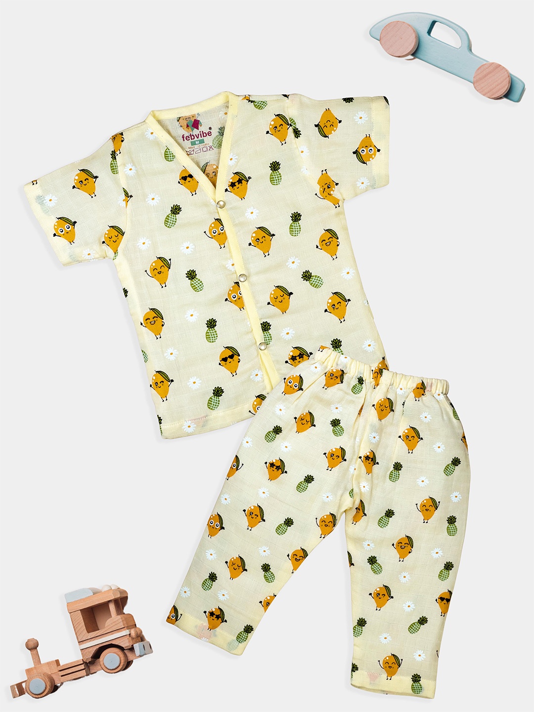 

FEBVIBE Unisex Kids Printed Shirt with Pyjamas, Yellow