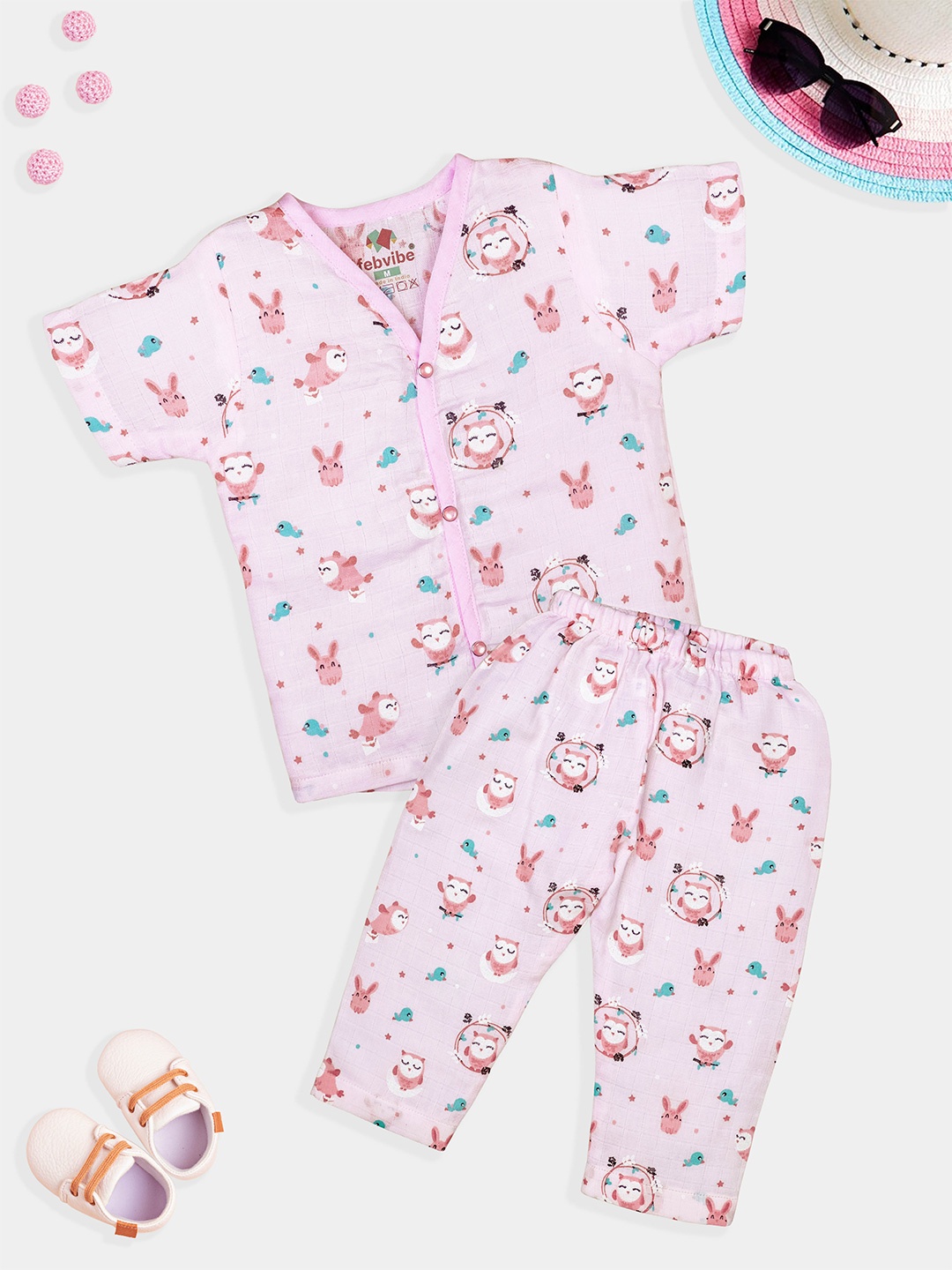 

FEBVIBE Unisex Kids Printed Shirt with Pyjamas, Pink