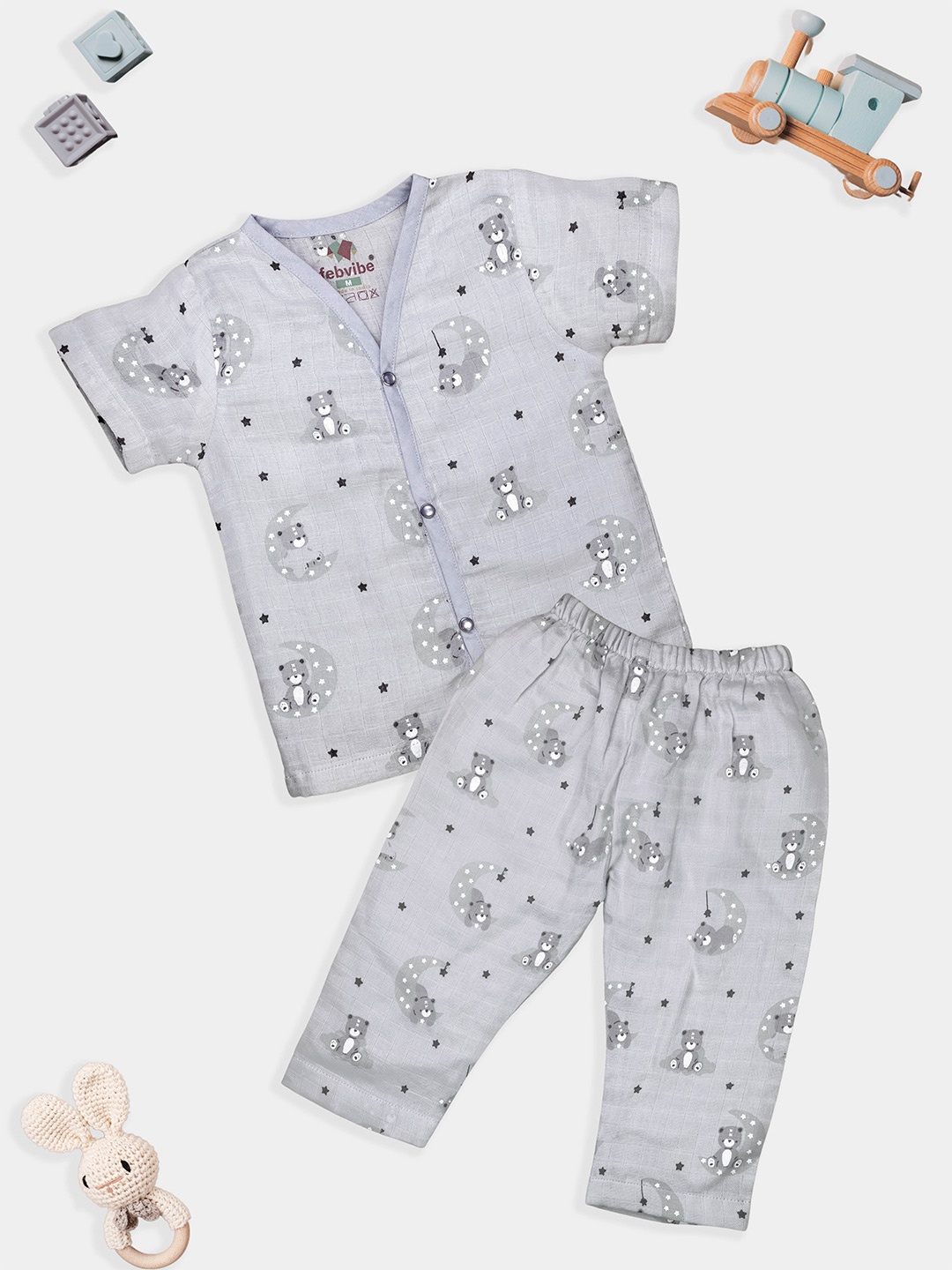 

FEBVIBE Unisex Kids Printed Shirt with Pyjamas, Grey