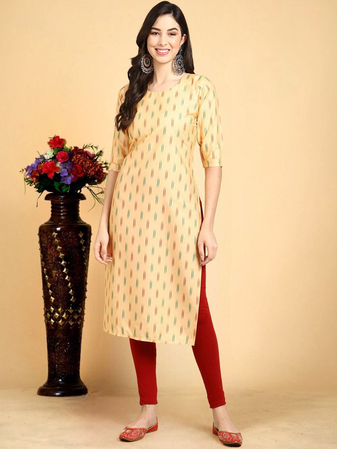 

7Threads Women Ethnic Motifs Printed Floral Crepe Kurta, Yellow