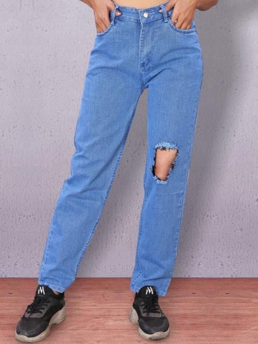 

KATECLO Women Regular Fit Comfort High-Rise Slash Knee Jeans, Blue