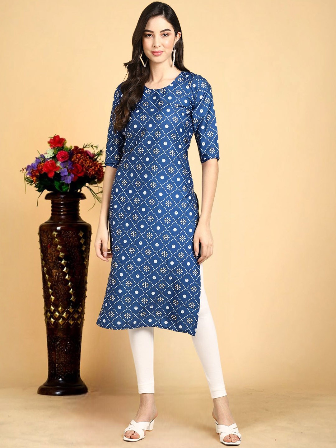 

7Threads Women Ethnic Motifs Printed Floral Crepe Kurta, Blue