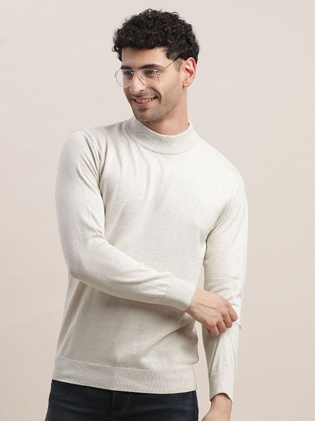 

Turtle Men Cotton High Neck Pullover, Off white