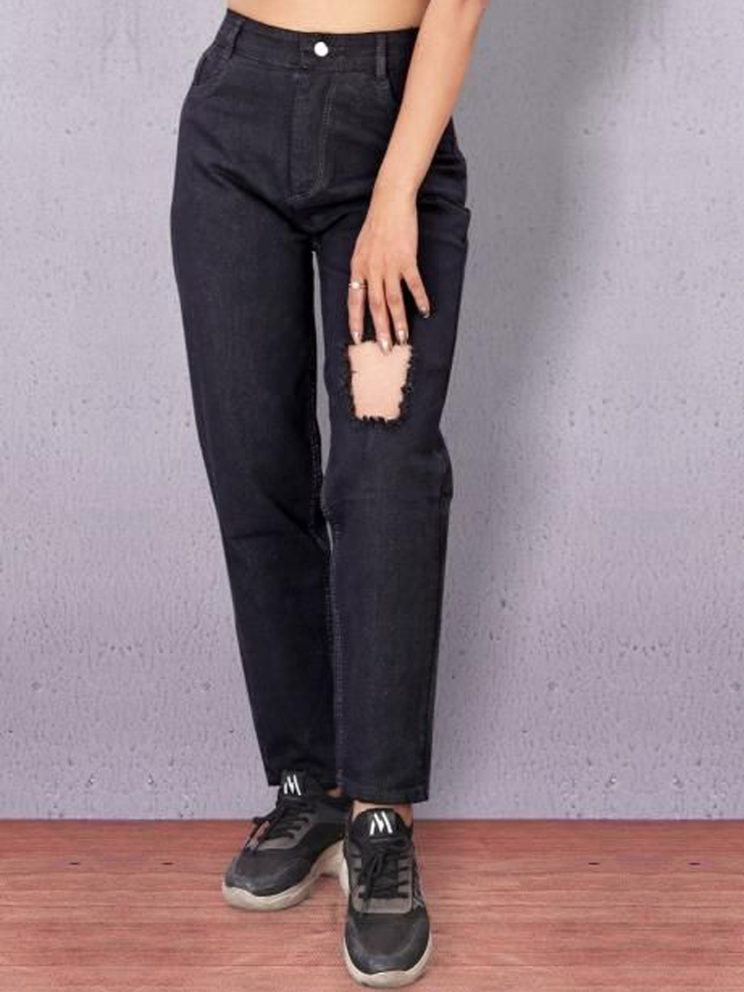 

KATECLO Women Comfort High-Rise Slash Knee Jeans, Black