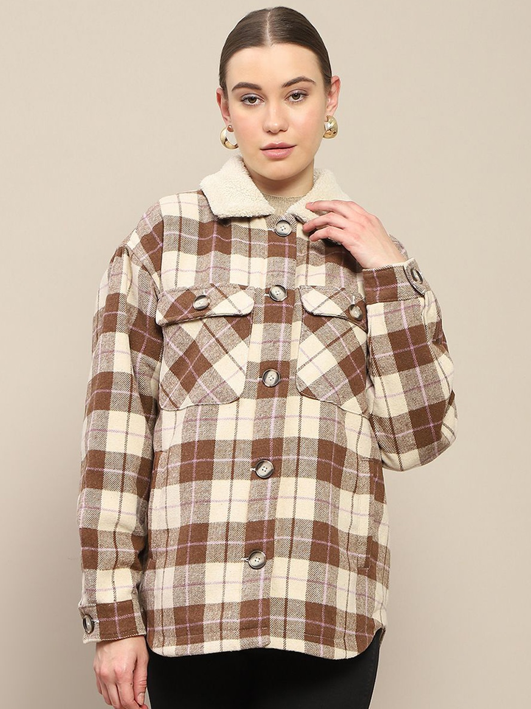 

Madame Checked Spread Collar Pocket Detailing Casual Shacket, Brown