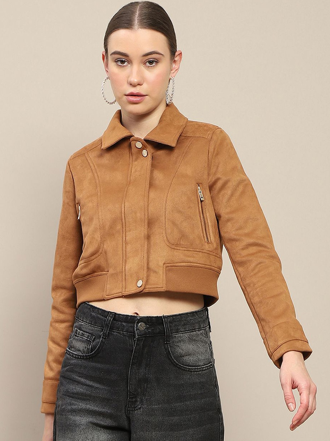 

Madame Women Solid Spread Collar Crop Tailored Jacket, Tan