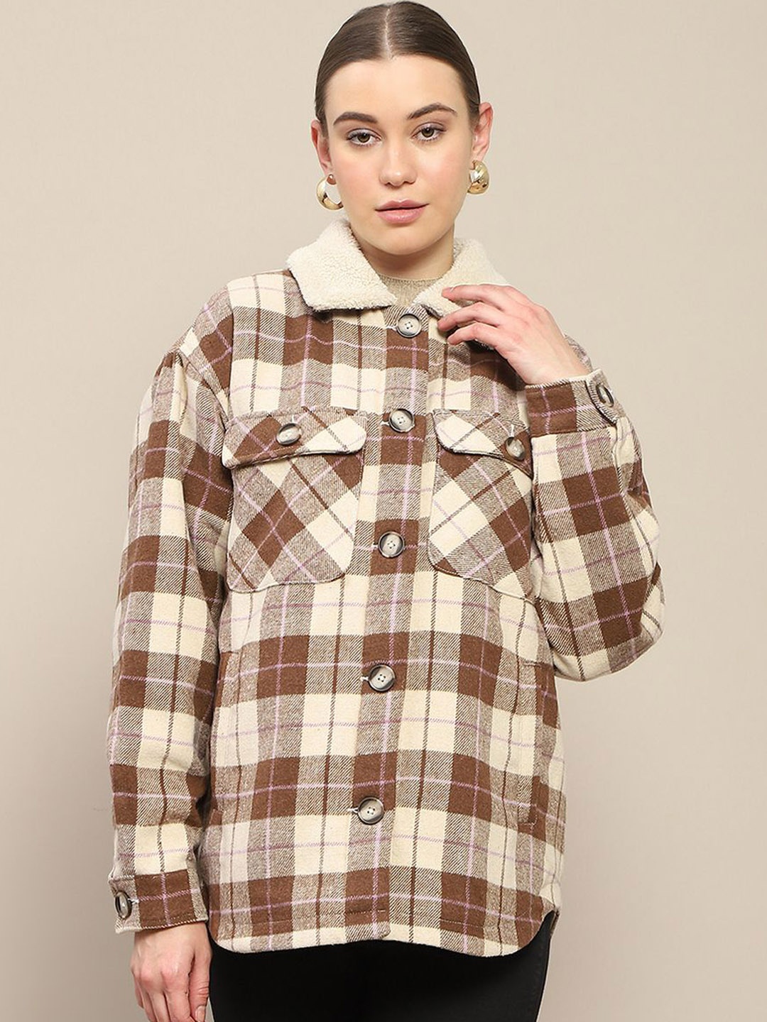 

Madame Checked Spread Collar Pocket Detailing Casual Shacket, Brown