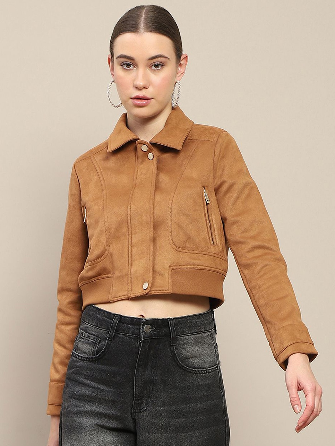 

Madame Women Solid Spread Collar Crop Tailored Jacket, Tan