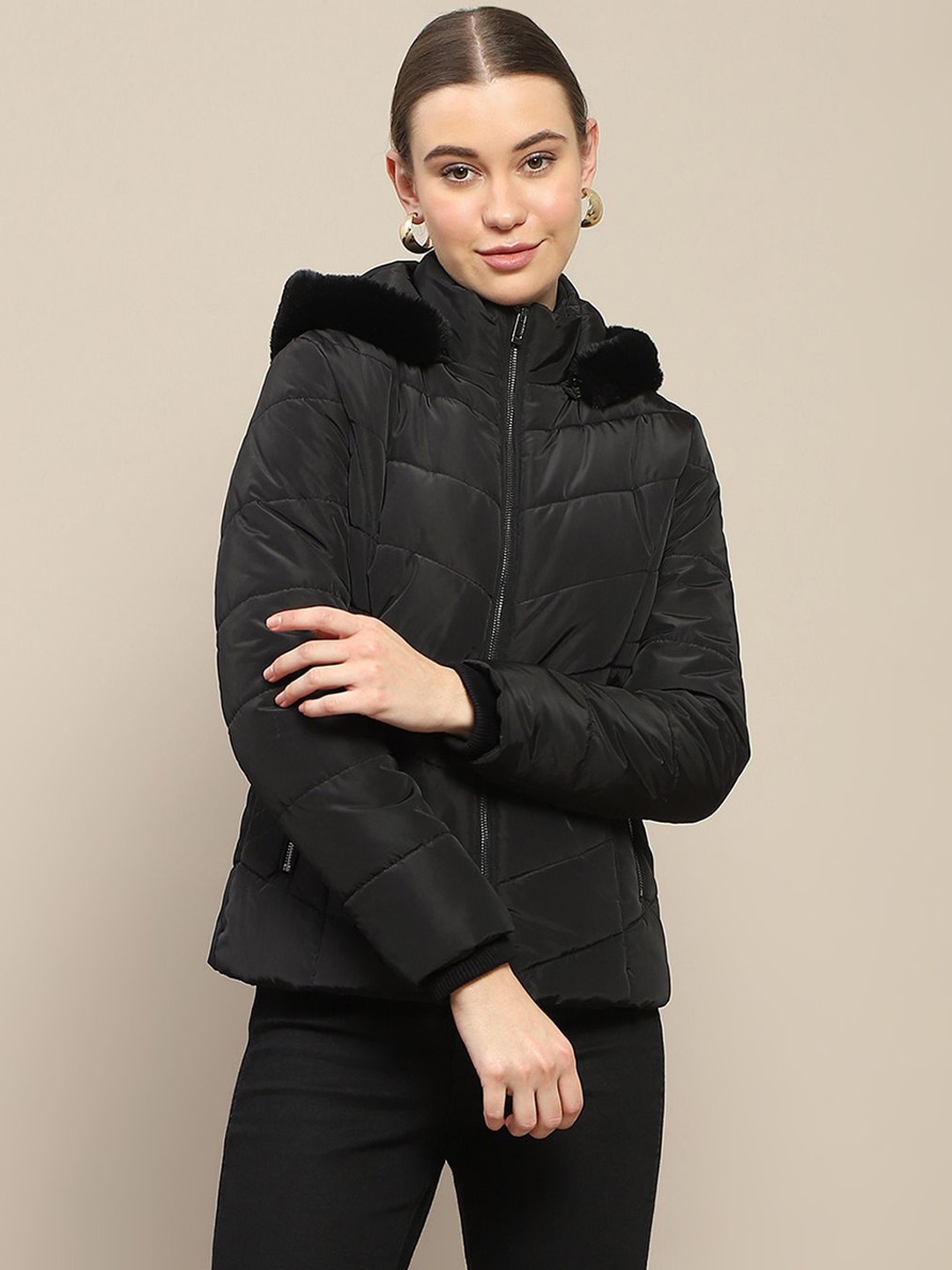 

Madame Women Solid Hooded Faux Fur Trim Padded Jacket, Black