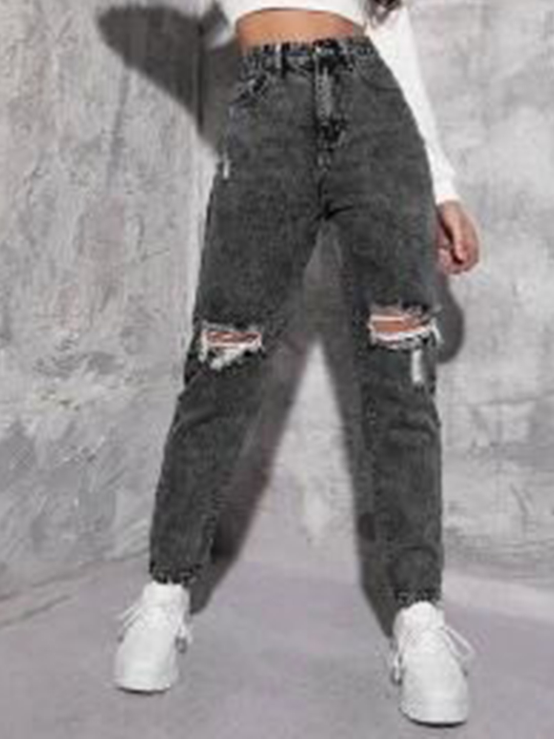

KATECLO Women Comfort High-Rise Highly Distressed Heavy Fade Jeans, Grey