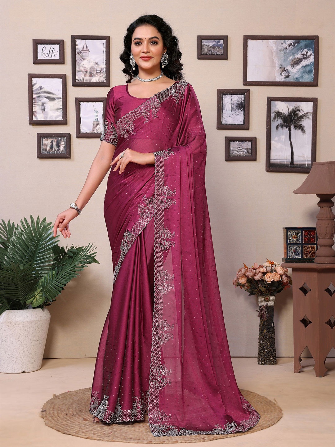 

LeeliPeeri Designer Embellished Beads and Stones Ready to Wear Saree, Pink