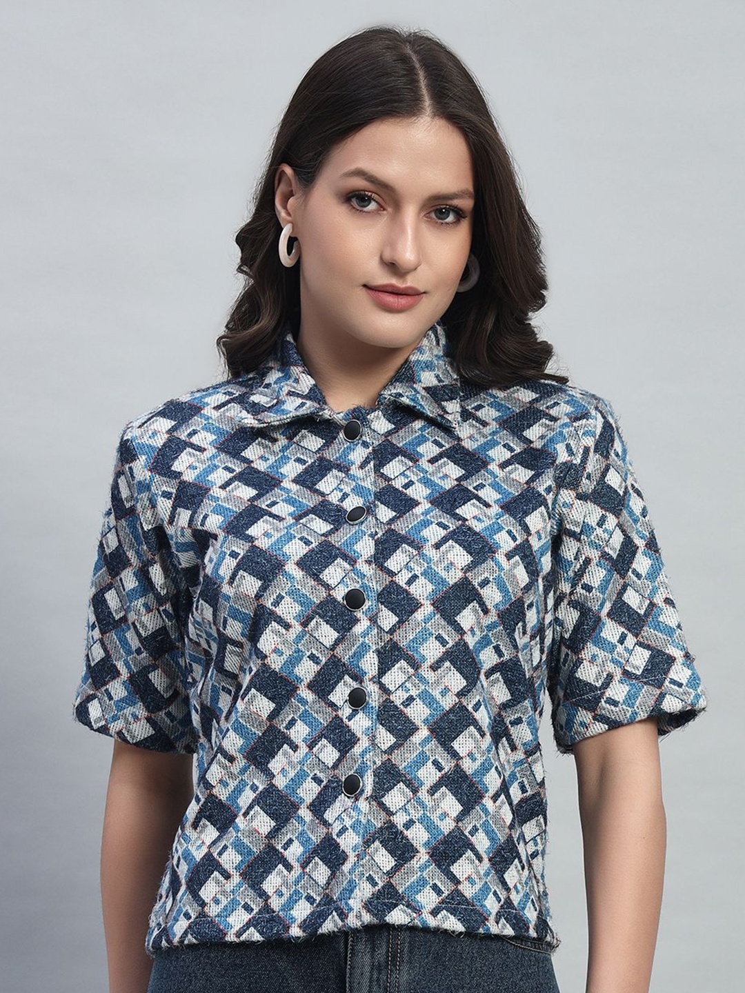 

BROOWL Women Printed Woollen Cardigan, Blue