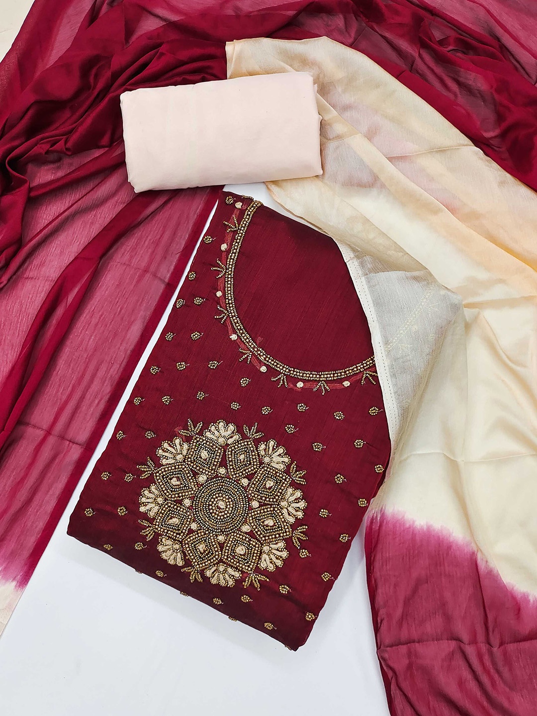 

KALINI Embellished Unstitched Dress Material, Maroon
