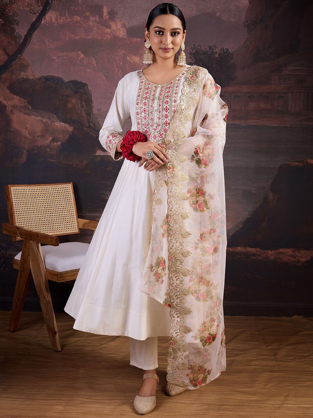 

House of Pataudi Embroidered Anarkali Kurta & Trouser With Dupatta, White