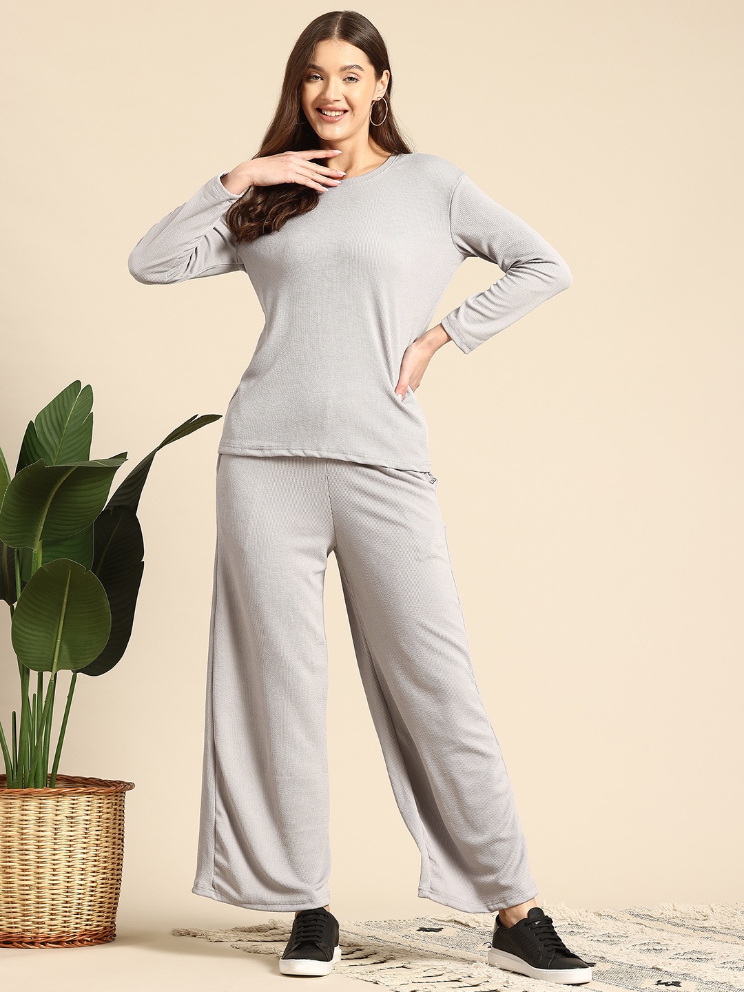 

Mast & Harbour Women Casual T-shirt & Trouser Co-Ords Set, Grey