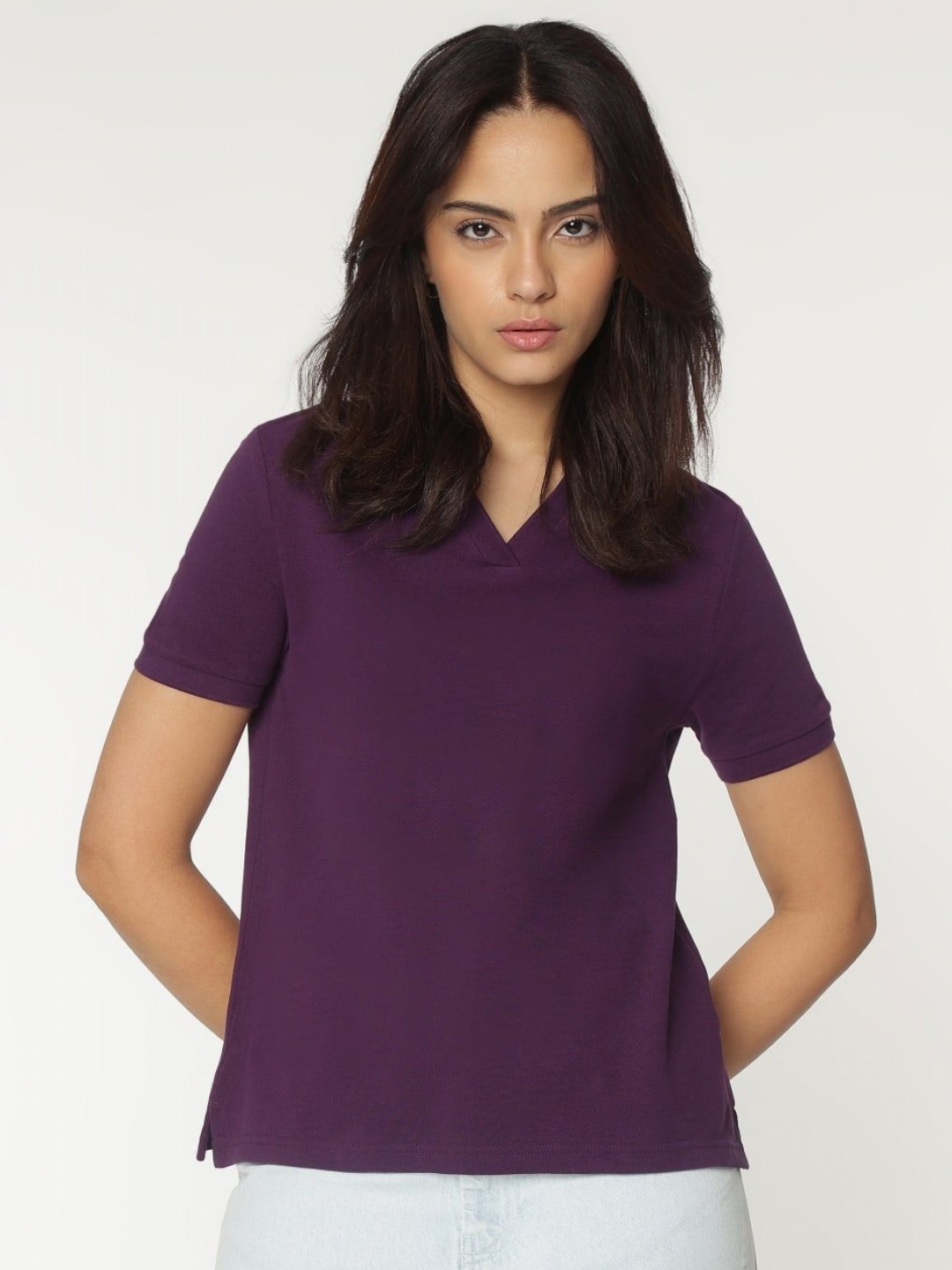 

Marks & Spencer Women Solid Polo Collar Cotton T-shirt, Purple
