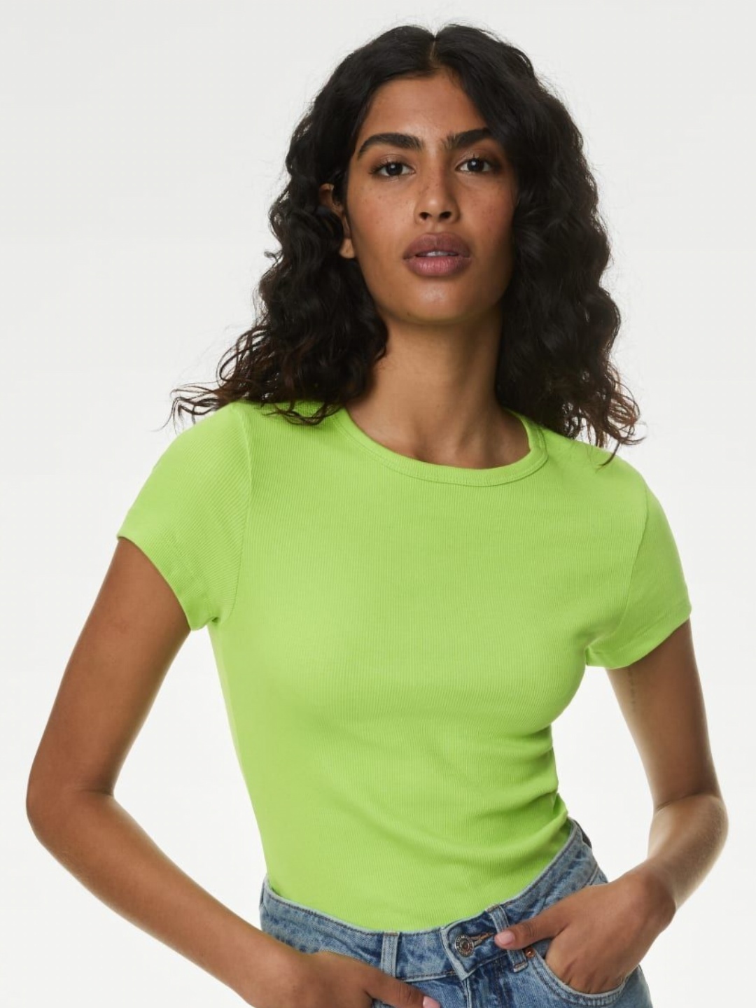 

Marks & Spencer Women Solid Round Neck Cotton Slim Fit T-shirt, Green