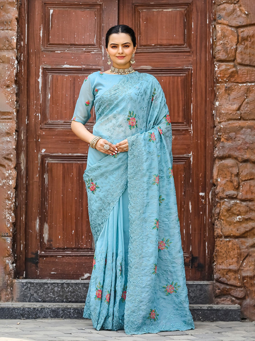 

LeeliPeeri Designer Ethnic Motifs Embroidered Pure Chiffon Banarasi Saree, Blue