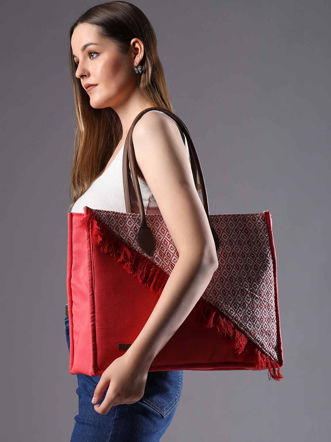 

ENSAC Women Colourblocked Shopper Cotton Tote Bag, Red
