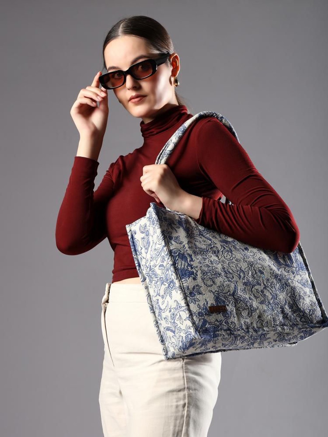 

ENSAC Women Floral Printed Structured Cotton Shoulder Bag, Blue