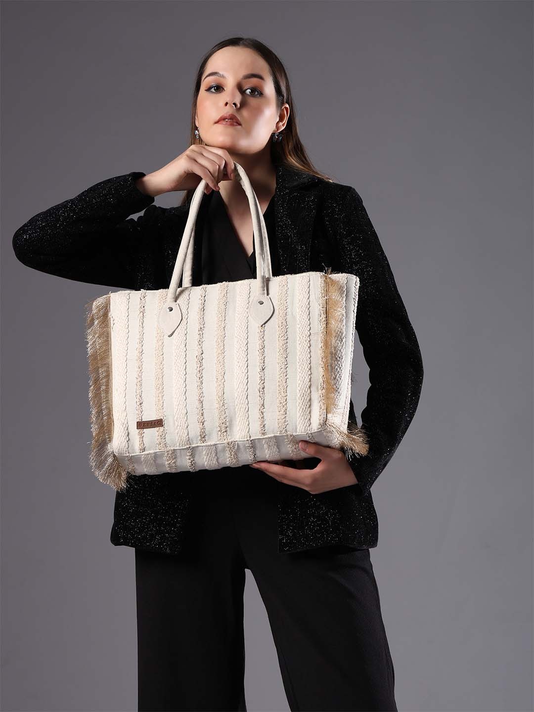 

ENSAC Women Striped Printed Shopper Cotton Tote Bag, Beige