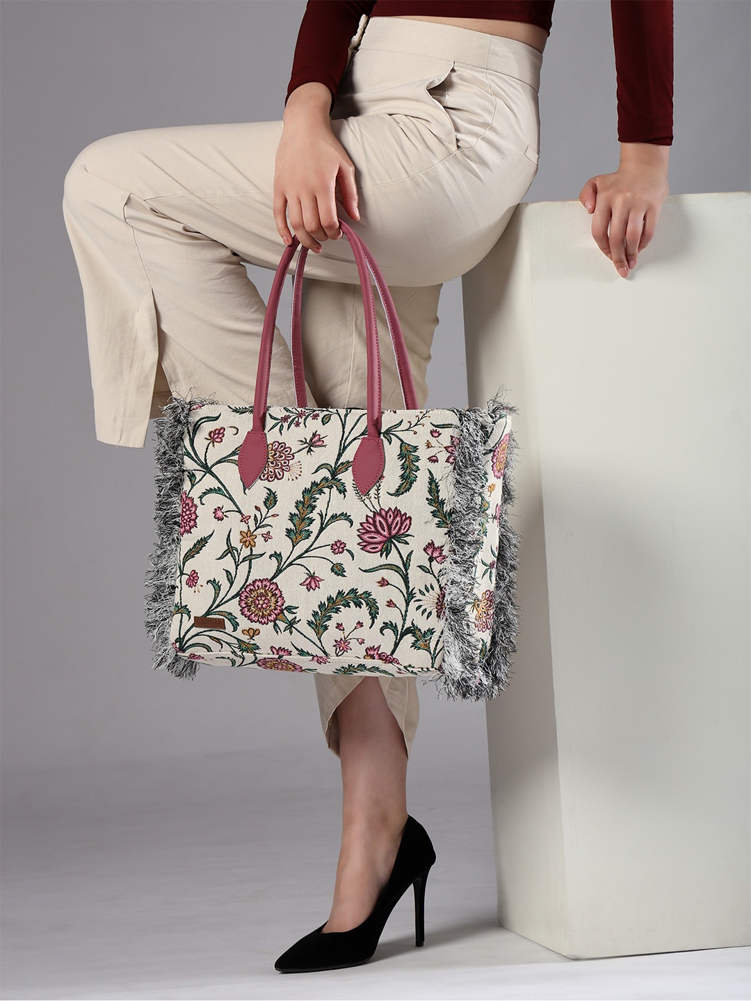 

ENSAC Women Floral Printed Shopper Cotton Tote Bag, White